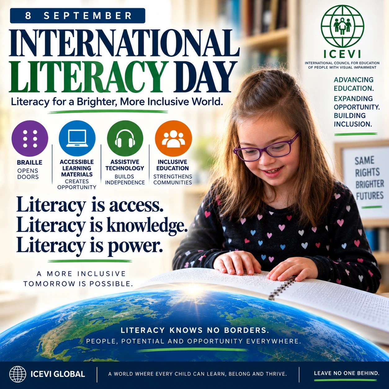 International Literacy Day graphic: literacy is access, knowledge, and power. Braille, accessible materials, assistive technology, and inclusive education open opportunities.