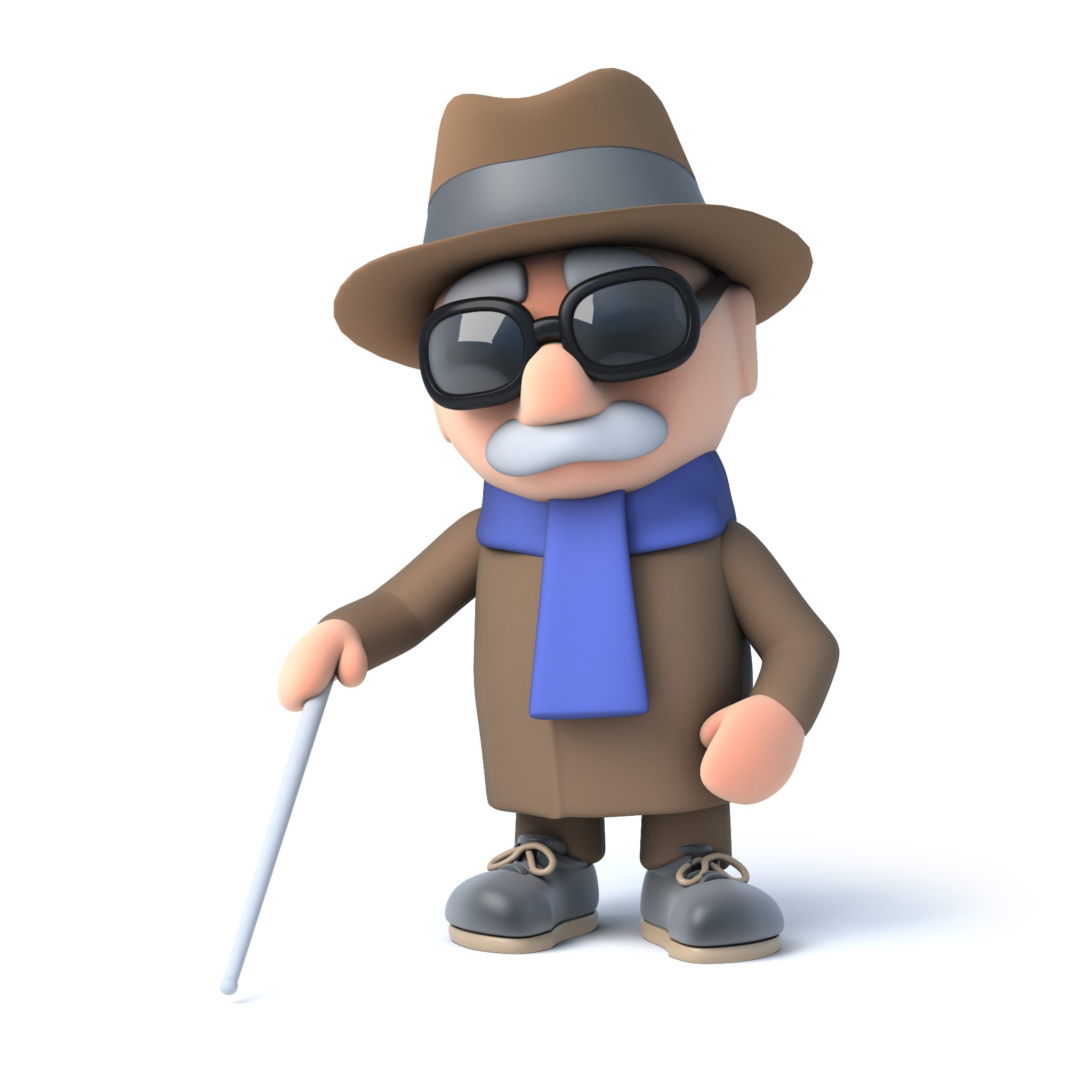 Three-dimensional illustration of an older blind man wearing sunglasses and using a white cane.