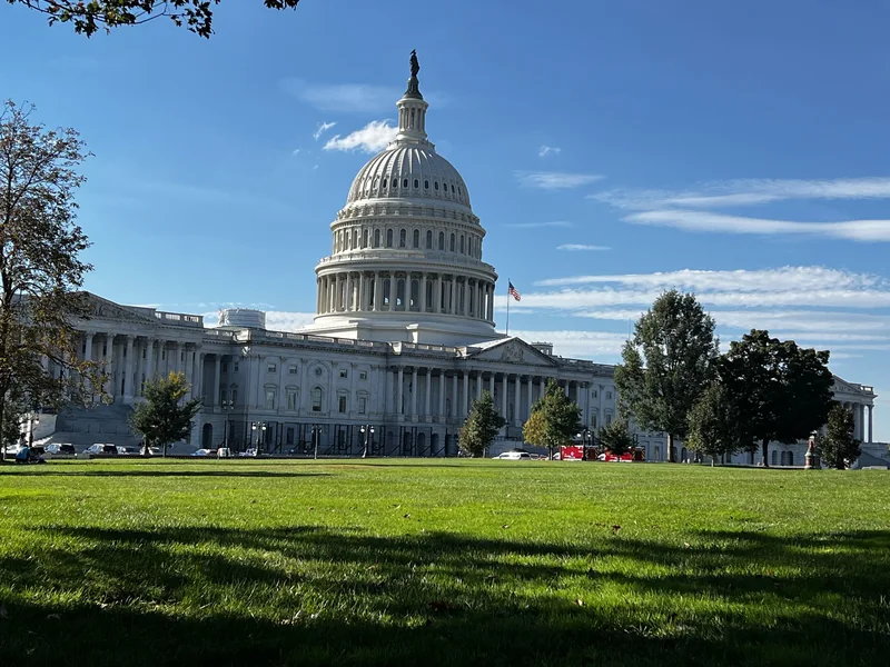 Sunlight falls across the U.S. Capitol and the green lawn in front of it.